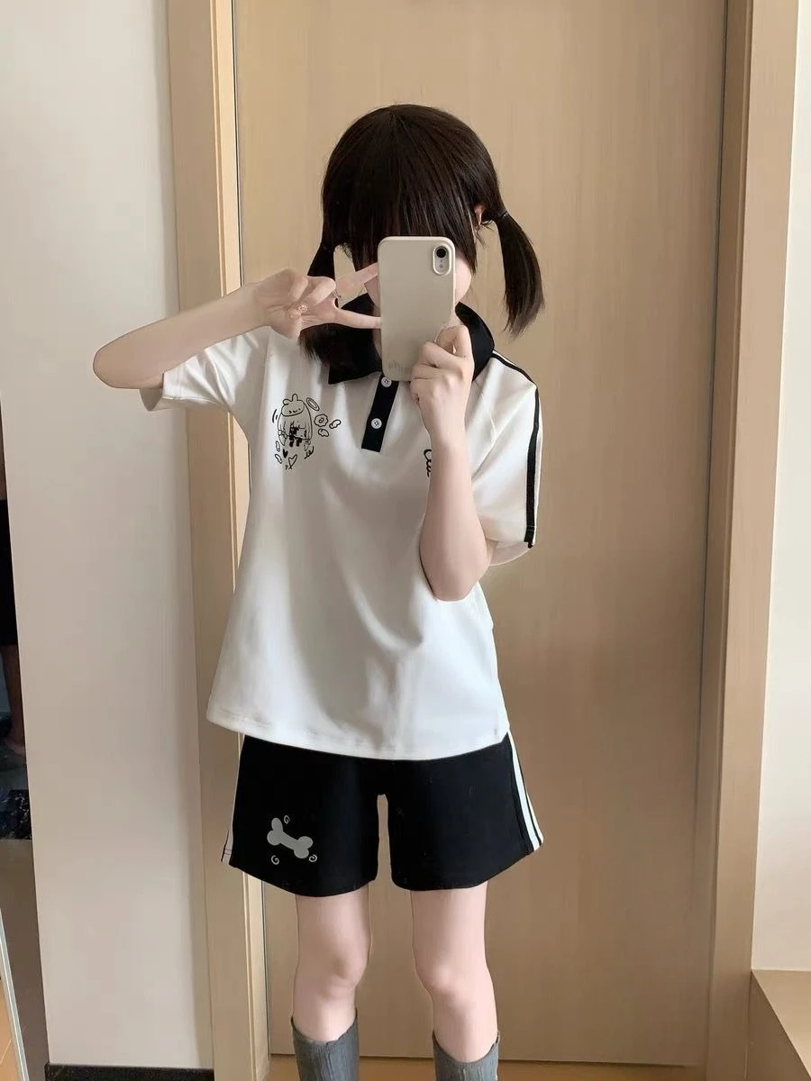 Japanese Bone Printing Casual Shorts for Women 2025 Patchwork High Waist Loose Wide Leg Pants Y2k Aesthetic Grunge Pantalones