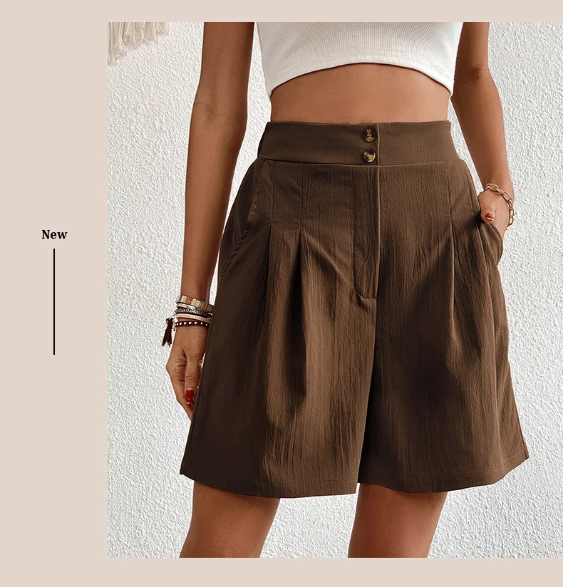 Pinkycolor Fashion Summer Women Solid Color Double Button High Waisted Comfortable Straight Cylinder Loose Multicolor Shorts
