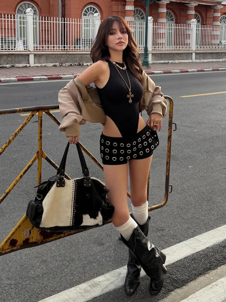 Sisterlinda Hottie Shorts Women Coquette Metal Hollow Sexy Rivet Patchwork High Street Clubwear Trend Stretch Skinny Bottoms