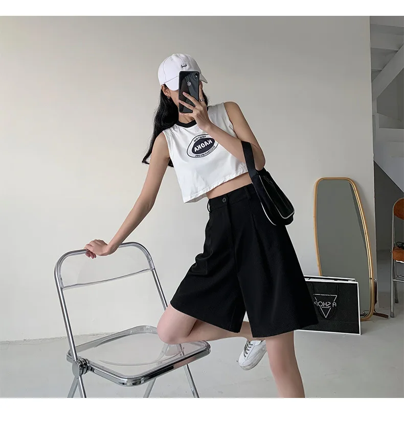 Knee Length Suit Shorts for Women Summer Thin High Waisted A-Line Wide Leg Pants Woman Loose Black Straight Leg Short Shorts
