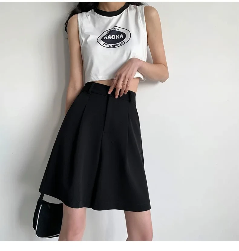 Knee Length Suit Shorts for Women Summer Thin High Waisted A-Line Wide Leg Pants Woman Loose Black Straight Leg Short Shorts