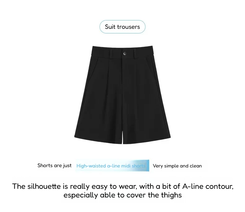 Knee Length Suit Shorts for Women Summer Thin High Waisted A-Line Wide Leg Pants Woman Loose Black Straight Leg Short Shorts