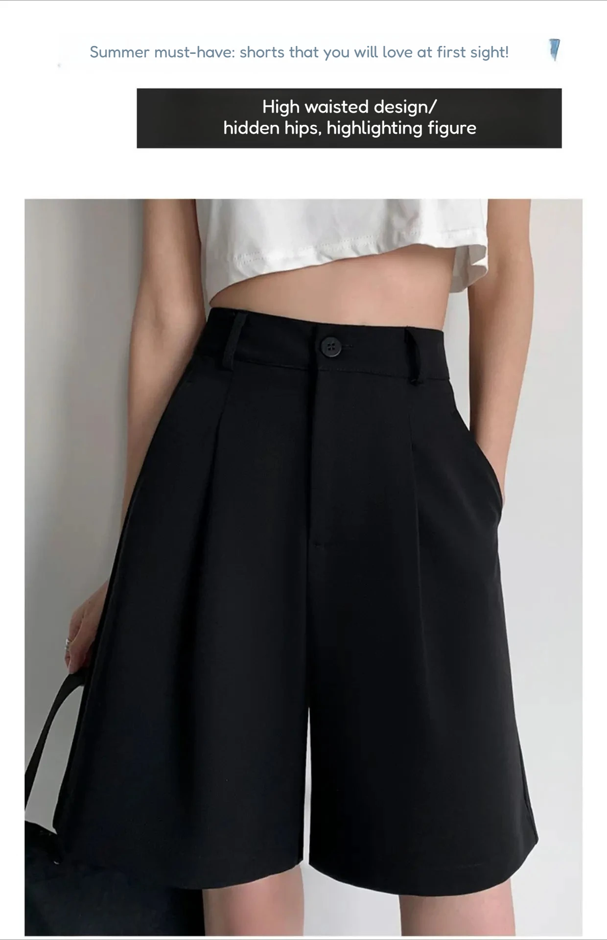 Knee Length Suit Shorts for Women Summer Thin High Waisted A-Line Wide Leg Pants Woman Loose Black Straight Leg Short Shorts