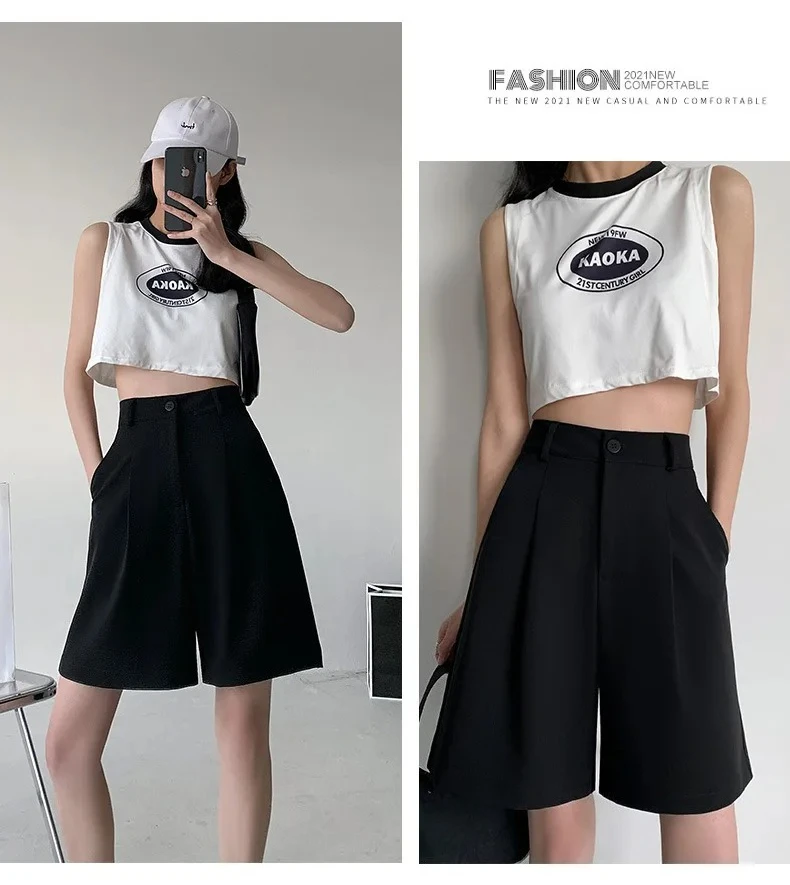 Knee Length Suit Shorts for Women Summer Thin High Waisted A-Line Wide Leg Pants Woman Loose Black Straight Leg Short Shorts