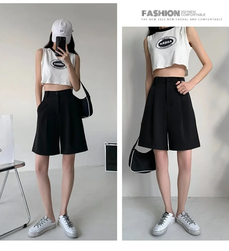 Knee Length Suit Shorts for Women Summer Thin High Waisted A-Line Wide Leg Pants Woman Loose Black Straight Leg Short Shorts