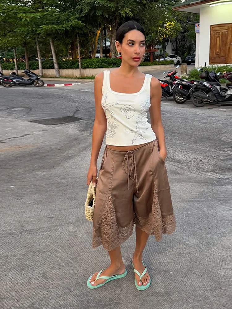 Lace Patchwork Shorts Women's Satin Pants Trim Bermuda Trousers High-Waisted Drawstring Loose Casual Wide-Leg Summer Wear