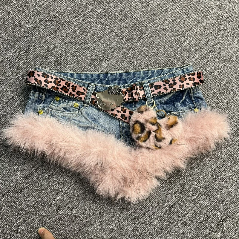 Japanese Gothic Style Denim Shorts Women Vintage Fashion Plush Patchwork Slim Short Pants Girls Casual Y2k Aesthetic Jean Shorts