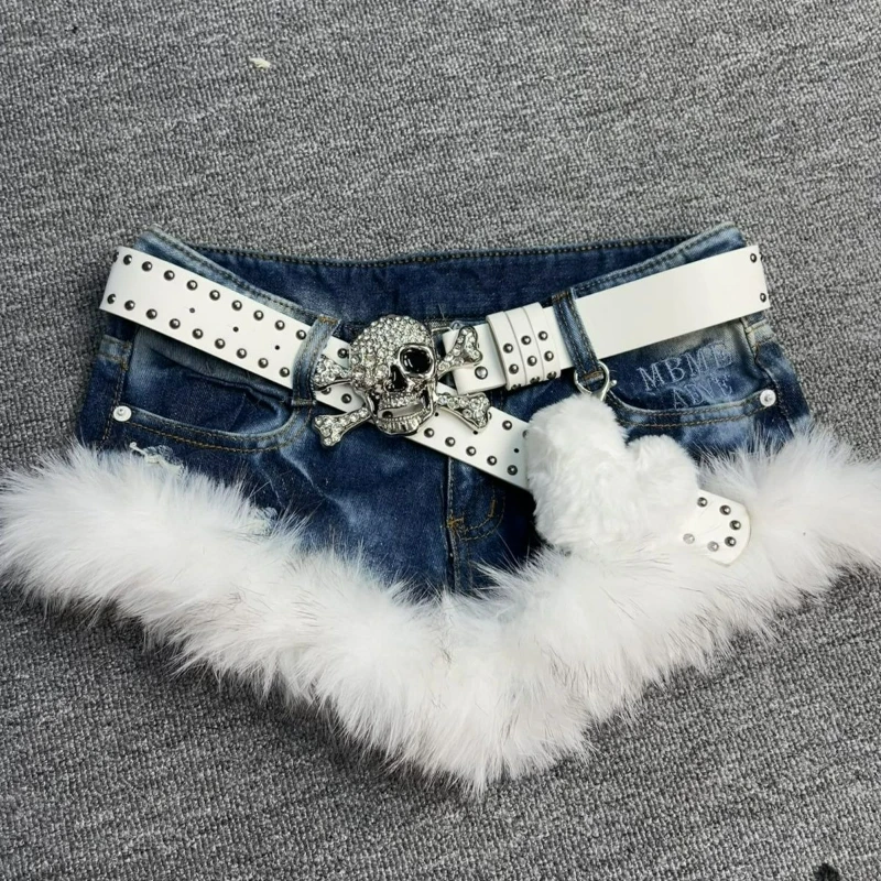 Japanese Gothic Style Denim Shorts Women Vintage Fashion Plush Patchwork Slim Short Pants Girls Casual Y2k Aesthetic Jean Shorts
