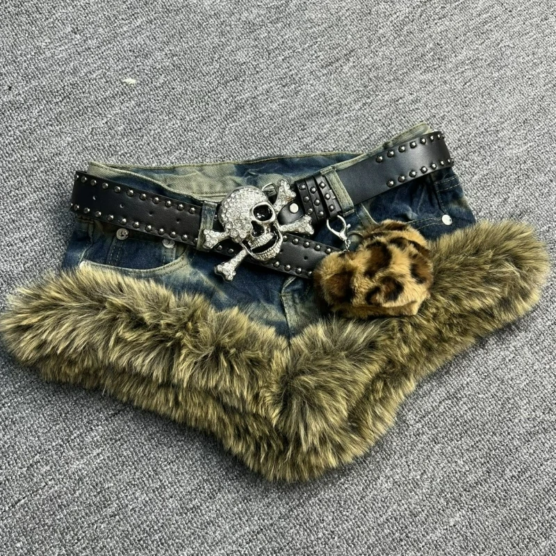 Japanese Gothic Style Denim Shorts Women Vintage Fashion Plush Patchwork Slim Short Pants Girls Casual Y2k Aesthetic Jean Shorts