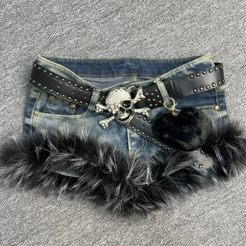 Japanese Gothic Style Denim Shorts Women Vintage Fashion Plush Patchwork Slim Short Pants Girls Casual Y2k Aesthetic Jean Shorts