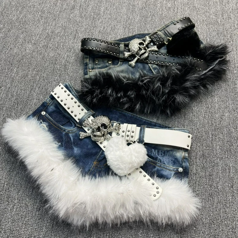 Japanese Gothic Style Denim Shorts Women Vintage Fashion Plush Patchwork Slim Short Pants Girls Casual Y2k Aesthetic Jean Shorts
