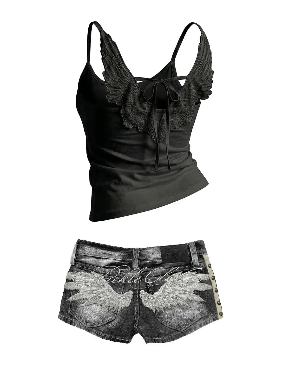 Angel Wings Embroidered Back Shorts Women White Black Acid Wash Side Studs Rivets Lettering Low Rise Distressed Y2K Streetwear
