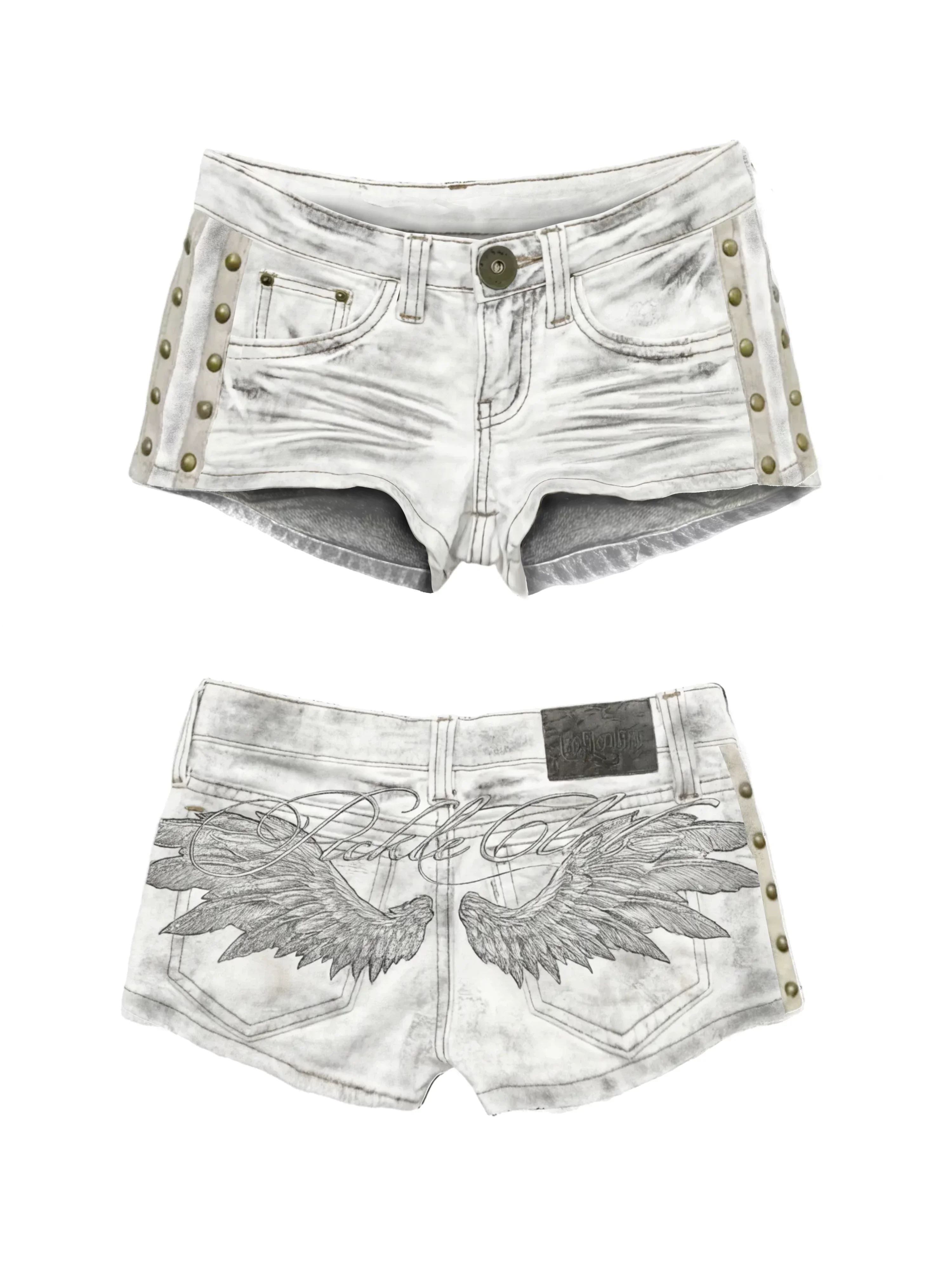 Angel Wings Embroidered Back Shorts Women White Black Acid Wash Side Studs Rivets Lettering Low Rise Distressed Y2K Streetwear