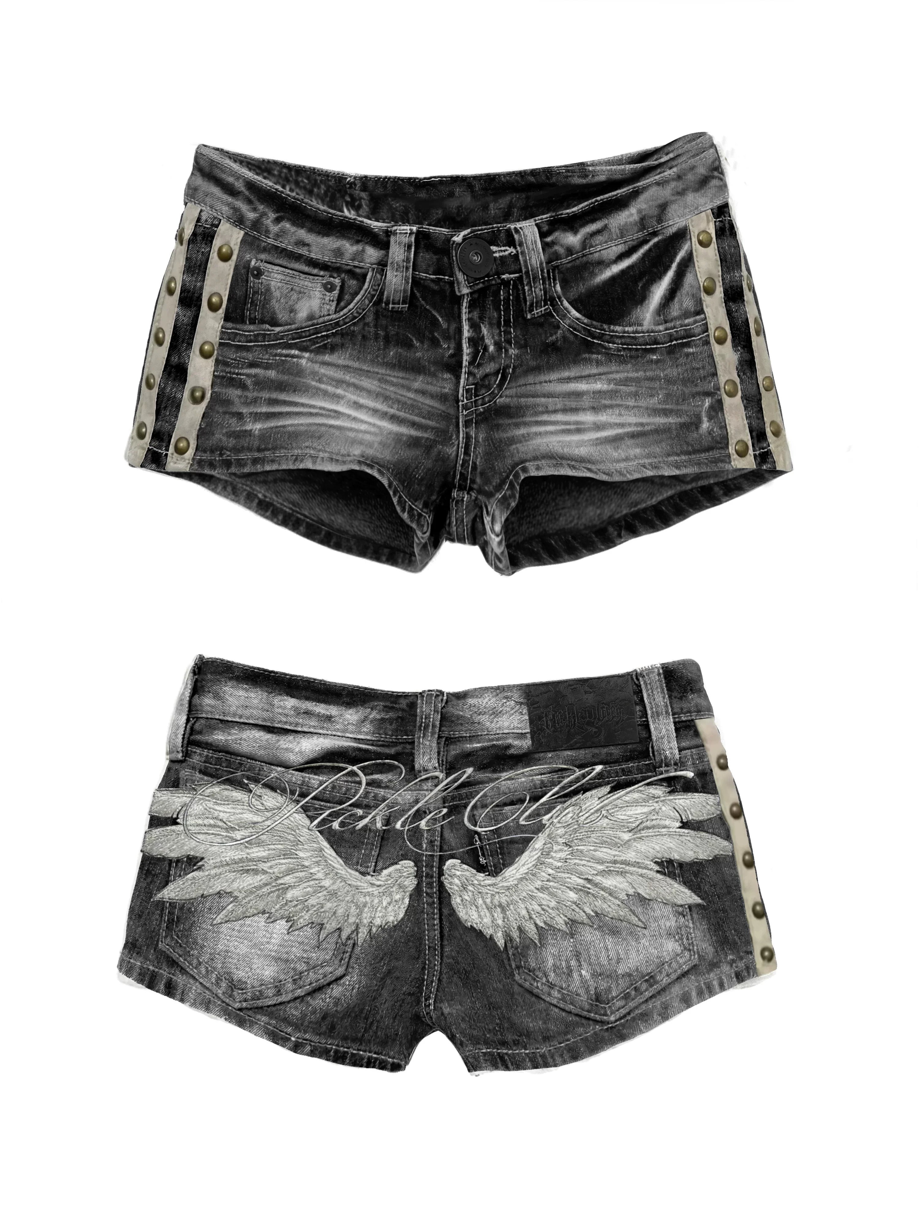 Angel Wings Embroidered Back Shorts Women White Black Acid Wash Side Studs Rivets Lettering Low Rise Distressed Y2K Streetwear