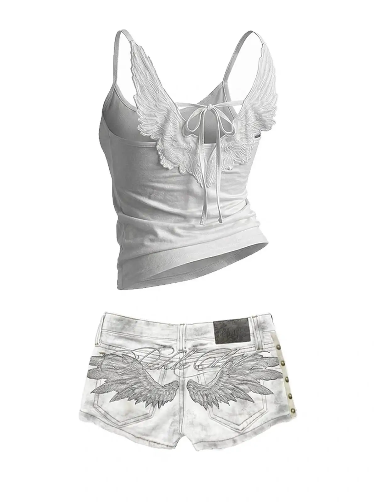 Angel Wings Embroidered Back Shorts Women White Black Acid Wash Side Studs Rivets Lettering Low Rise Distressed Y2K Streetwear