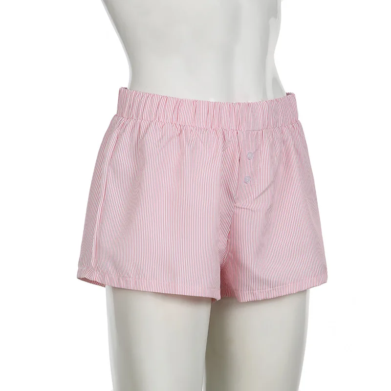 Striped Print Casual Shorts for Women Elastic Waist Fashion Button Bottoms Streetwear Chic Basic Y2K Loose Shorts