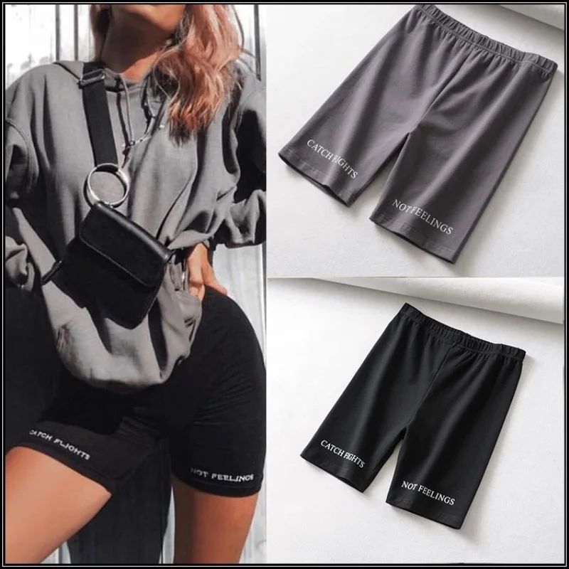 Summer Biker Shorts 2026 Women Elastic Waist Skinny Fitness Korean Casual Sexy Letter Print Black Shorts Pantalones Black
