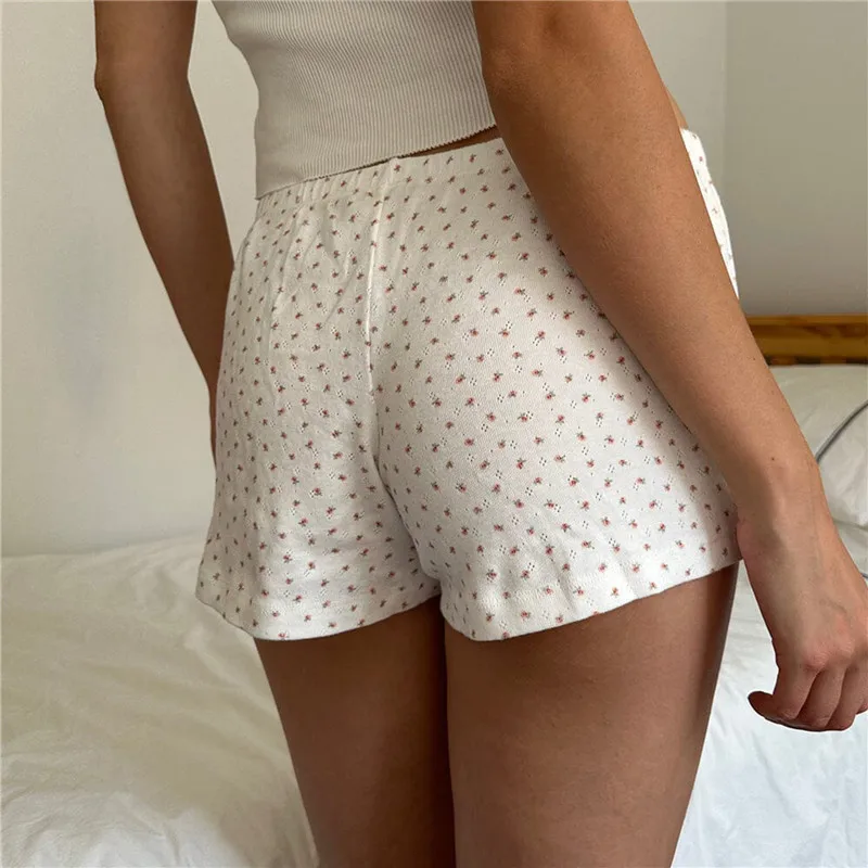 Women y2k Fairycore Grunge Pajamas Shorts Solid/Floral/Striped Print Elastic Waist Straight Short Pant Kawaii Sweet Shorts