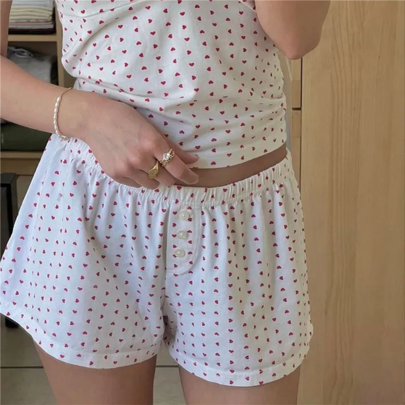 Women y2k Fairycore Grunge Pajamas Shorts Solid/Floral/Striped Print Elastic Waist Straight Short Pant Kawaii Sweet Shorts