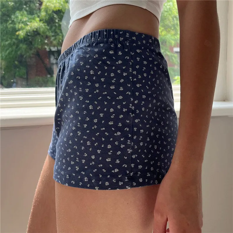 Women y2k Fairycore Grunge Pajamas Shorts Solid/Floral/Striped Print Elastic Waist Straight Short Pant Kawaii Sweet Shorts