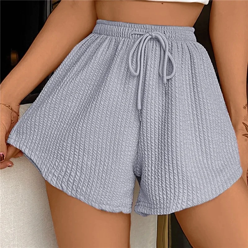 Women New Summer Fitness Running Loose Casual Sports Short PantsPit Stripe Lace-up Drawstring Solid Hight Waist Wide Leg Shorts