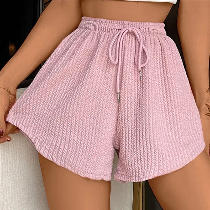 Women New Summer Fitness Running Loose Casual Sports Short PantsPit Stripe Lace-up Drawstring Solid Hight Waist Wide Leg Shorts