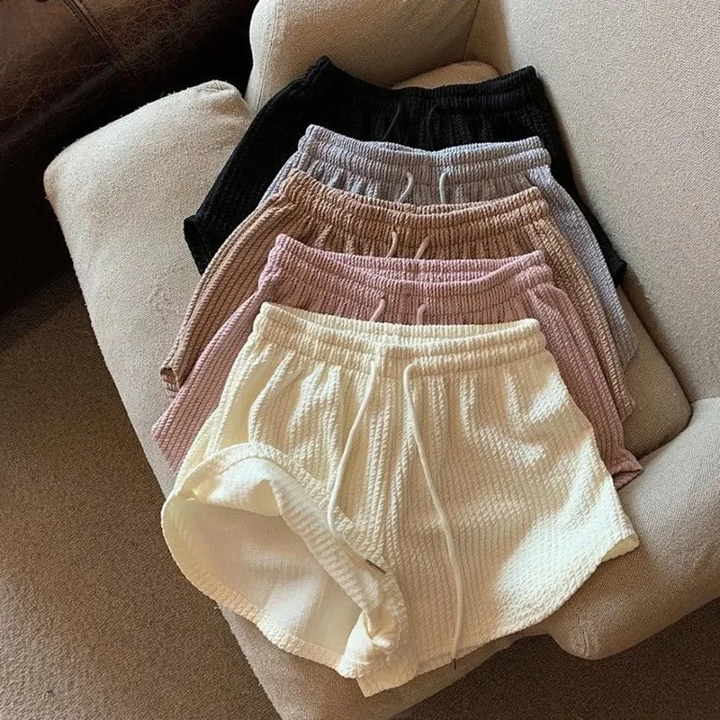 Women New Summer Fitness Running Loose Casual Sports Short PantsPit Stripe Lace-up Drawstring Solid Hight Waist Wide Leg Shorts