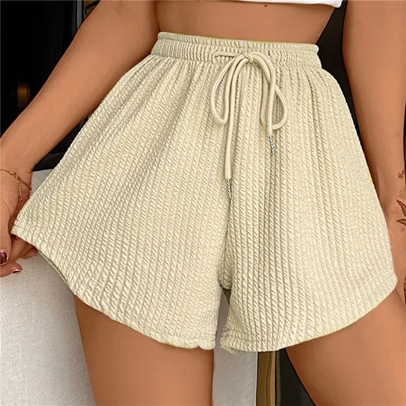 Women New Summer Fitness Running Loose Casual Sports Short PantsPit Stripe Lace-up Drawstring Solid Hight Waist Wide Leg Shorts