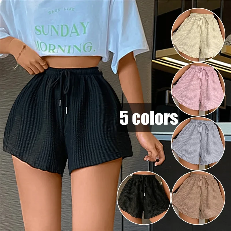 Women New Summer Fitness Running Loose Casual Sports Short PantsPit Stripe Lace-up Drawstring Solid Hight Waist Wide Leg Shorts