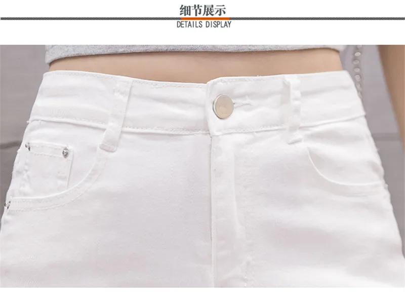 Black White Straight Stretch Denim Shorts Women Midi Jeans Summer Shorts Women Streetwear Hole Ripped High Waist Shorts C7336
