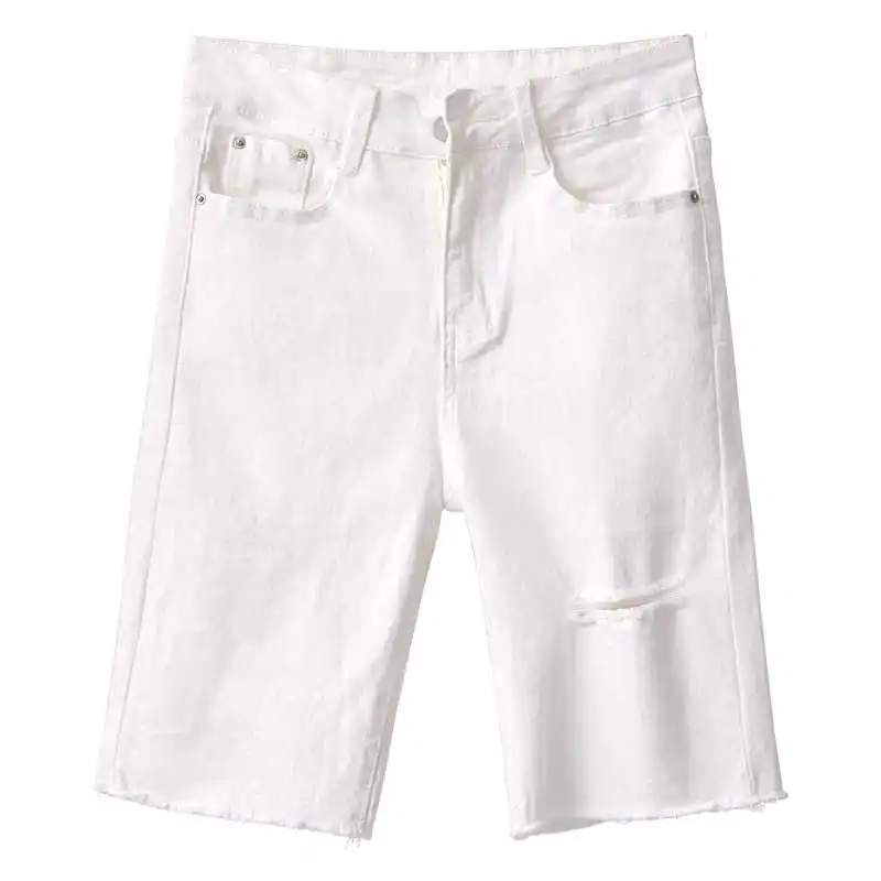 Black White Straight Stretch Denim Shorts Women Midi Jeans Summer Shorts Women Streetwear Hole Ripped High Waist Shorts C7336