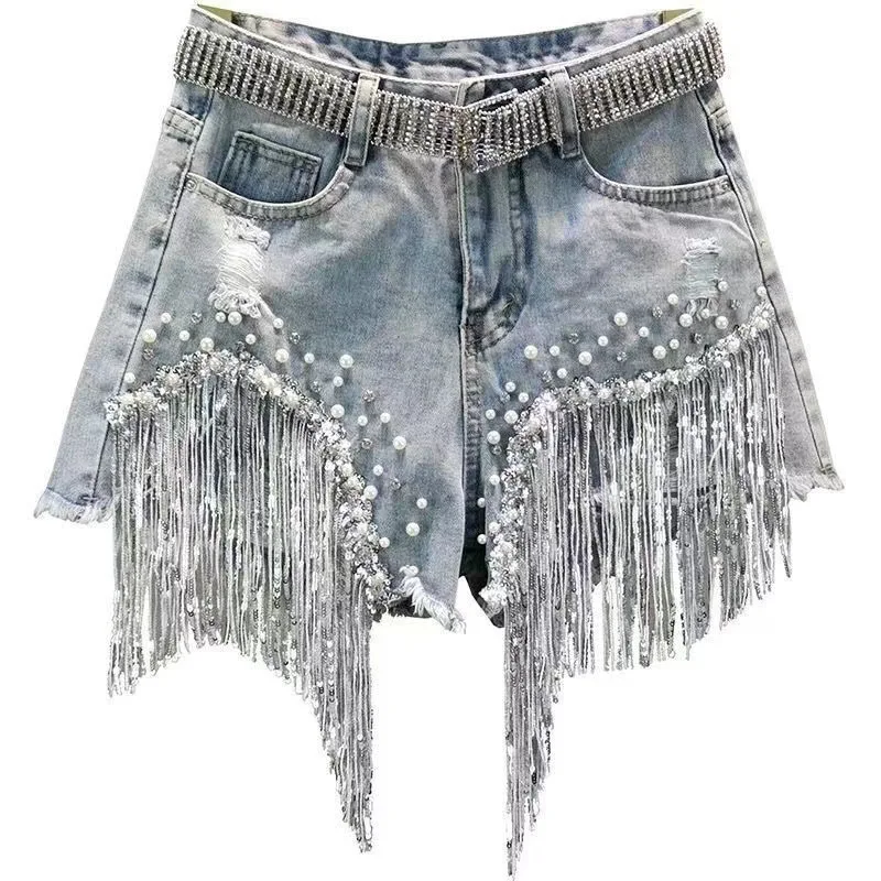 New 2026 Summer Women Heavy Beaded Rhinestone Shorts High Waist Sequin Tassel Ripped Wide Leg Hot Pants