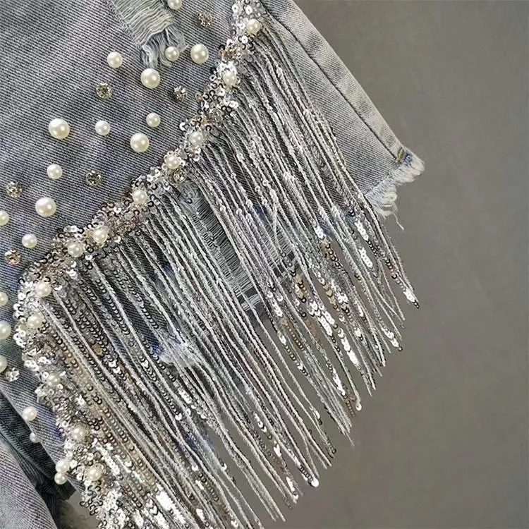 New 2026 Summer Women Heavy Beaded Rhinestone Shorts High Waist Sequin Tassel Ripped Wide Leg Hot Pants