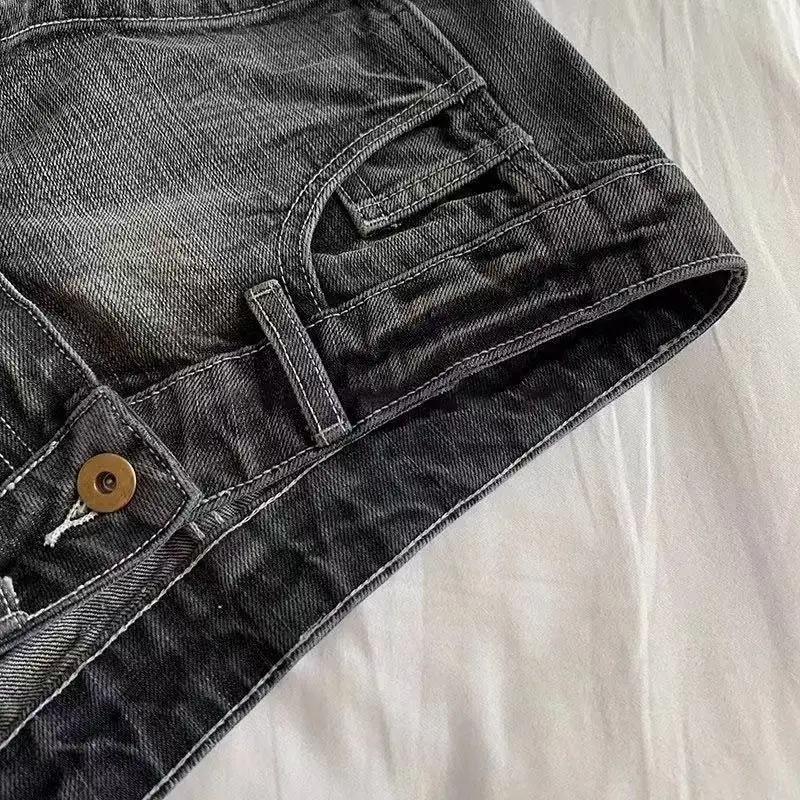 HOUZHOU Vintage Black Denim Shorts Women Sexy Gyaru Low Waist Shorts Female Y2k Punk Retro Summer Streetwear Short Jeans Slim Up