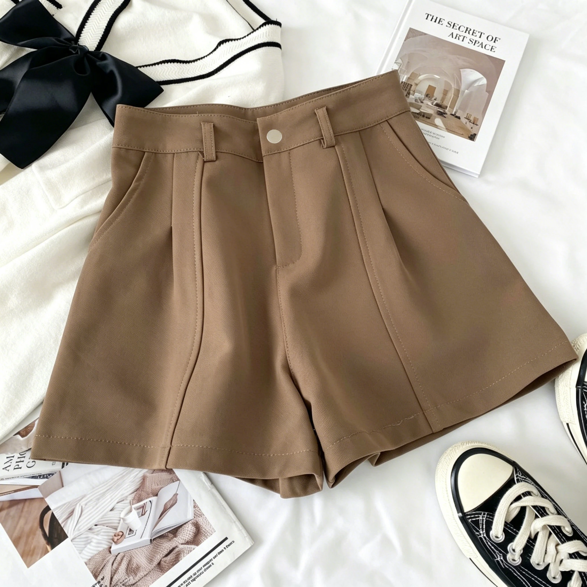 Women‘s Casual Shorts Fashion Elegant Office Lady Commute Vintage Solid High Waist Short Pants Casual Streetwear Summer Trousers