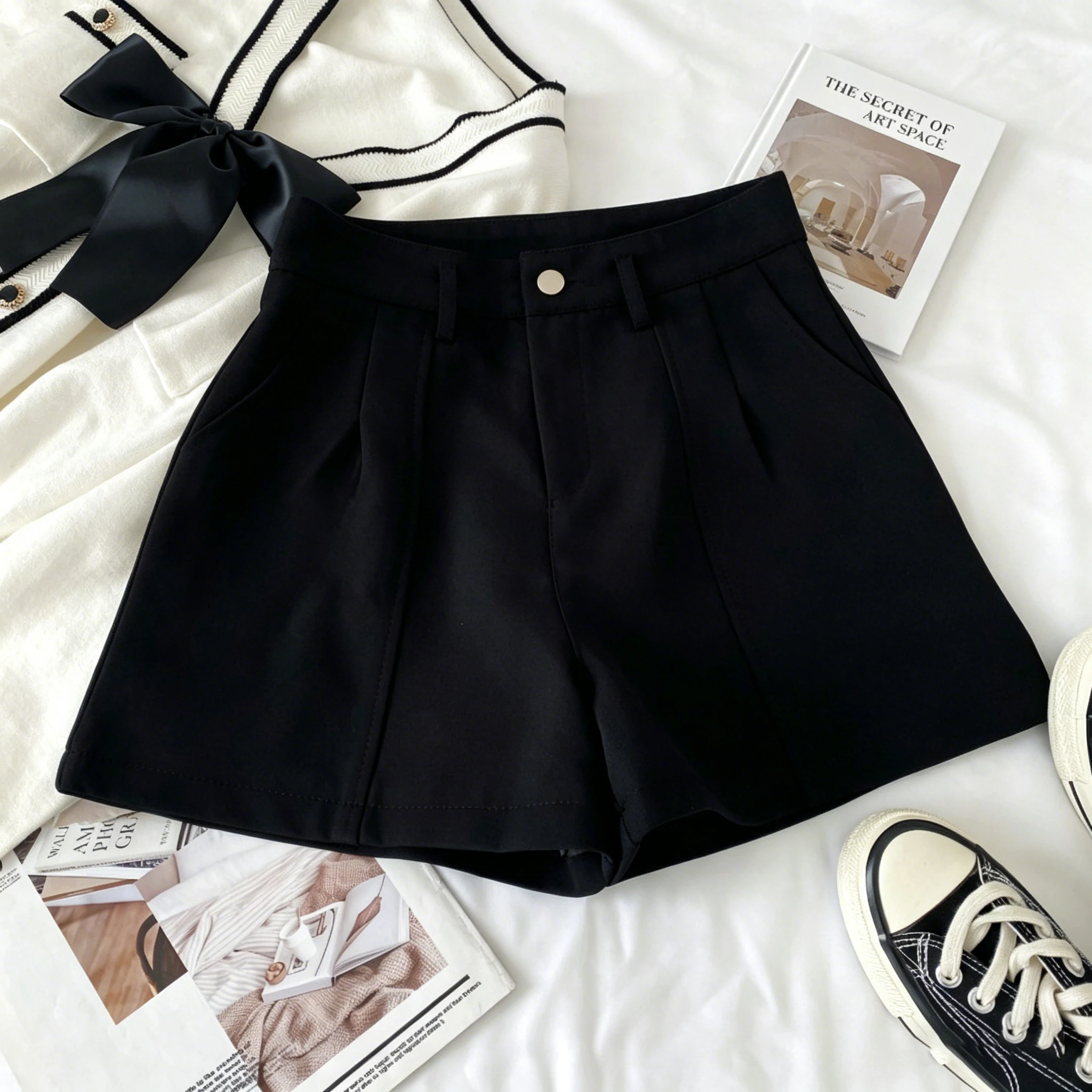 Women‘s Casual Shorts Fashion Elegant Office Lady Commute Vintage Solid High Waist Short Pants Casual Streetwear Summer Trousers