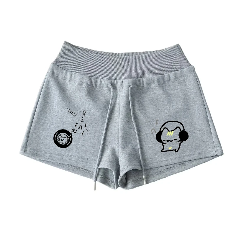 music cat print drawstring women's shorts elastic waist sports solid color shorts summer Kawaii fashion wide-leg women's clothes