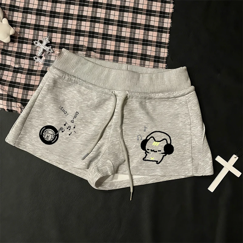 music cat print drawstring women's shorts elastic waist sports solid color shorts summer Kawaii fashion wide-leg women's clothes
