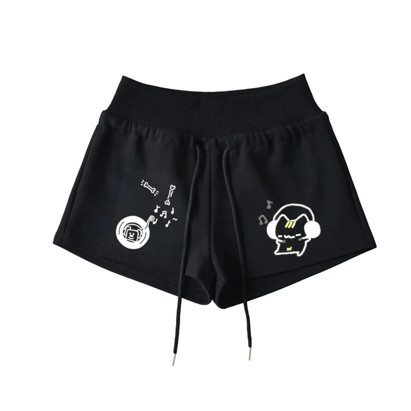 music cat print drawstring women's shorts elastic waist sports solid color shorts summer Kawaii fashion wide-leg women's clothes