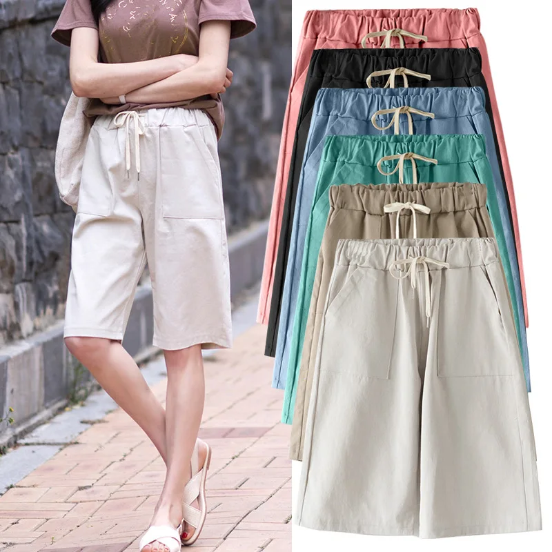 Women Summer Bermuda Shorts Cotton Wide-legged Leisure Trousers Large Size Loose Elastic Waist With Belt shorts 6XL 7XL 8XL