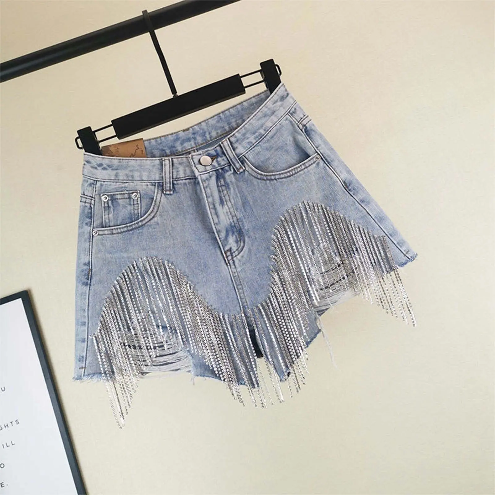 Denim Shorts Women Hole Ripped Jeans Tassels Diamonds Sexy Washed Distressed High Waist Streetwear 2025 Straight Short Pants