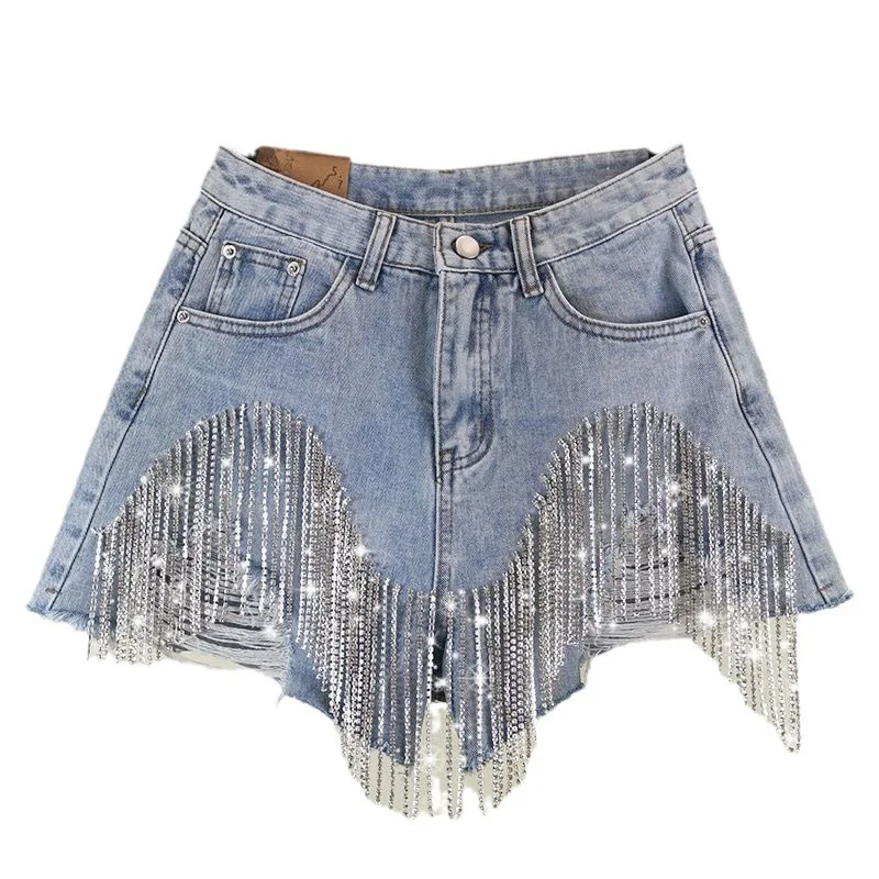 Denim Shorts Women Hole Ripped Jeans Tassels Diamonds Sexy Washed Distressed High Waist Streetwear 2025 Straight Short Pants