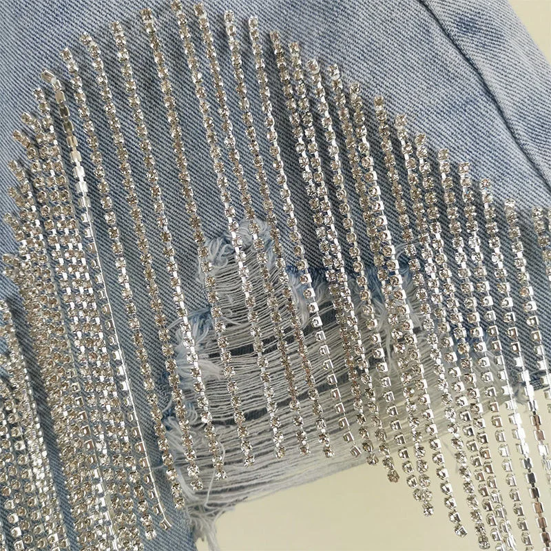 Denim Shorts Women Hole Ripped Jeans Tassels Diamonds Sexy Washed Distressed High Waist Streetwear 2025 Straight Short Pants