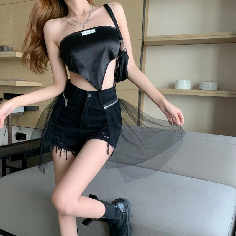 Streetwear Ripped Denim Shorts Women Y2K Mesh Patchwork Wide Leg Shorts Jeans Korean High Waist Design Casual Short Hot Pants