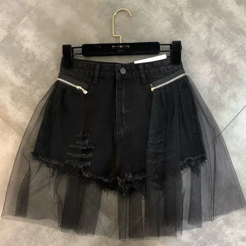 Streetwear Ripped Denim Shorts Women Y2K Mesh Patchwork Wide Leg Shorts Jeans Korean High Waist Design Casual Short Hot Pants