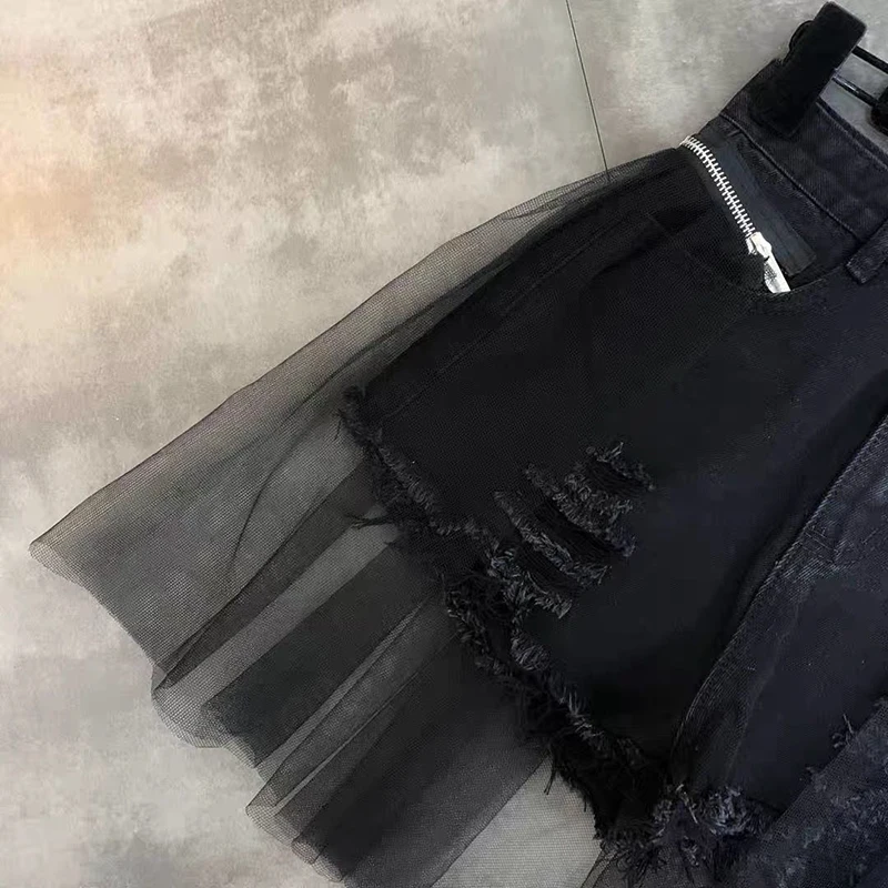 Streetwear Ripped Denim Shorts Women Y2K Mesh Patchwork Wide Leg Shorts Jeans Korean High Waist Design Casual Short Hot Pants