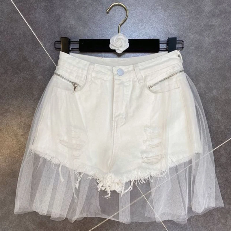 Streetwear Ripped Denim Shorts Women Y2K Mesh Patchwork Wide Leg Shorts Jeans Korean High Waist Design Casual Short Hot Pants