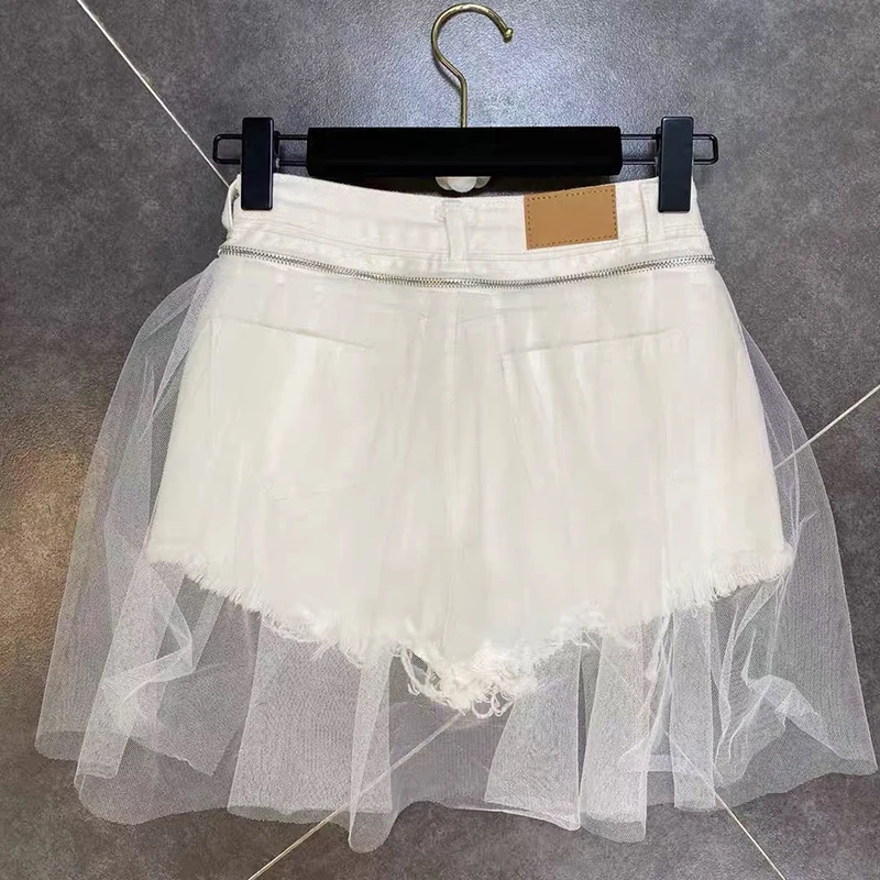 Streetwear Ripped Denim Shorts Women Y2K Mesh Patchwork Wide Leg Shorts Jeans Korean High Waist Design Casual Short Hot Pants