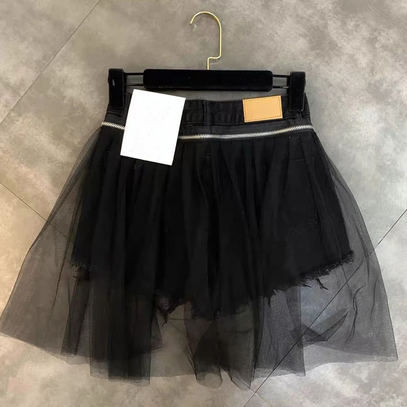 Streetwear Ripped Denim Shorts Women Y2K Mesh Patchwork Wide Leg Shorts Jeans Korean High Waist Design Casual Short Hot Pants