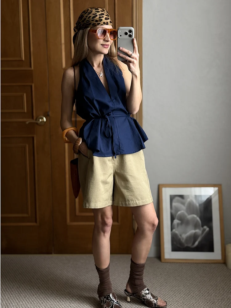 KarSaNy Beige Summer Shorts For Women Casual Loose A Linen Wide Leg Short Pants Elegant Women's Lyocell Shorts Bermuda Navy Blue